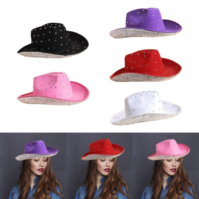 Vacation Cowboy Hat Panama Hat Crystal Brim Hat Rhinestones Hand Beading Crystal for Carnivals Music Festival