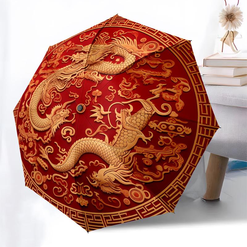 Drache, Chinesisch thematisch Acht Rippen Automatischer Faltregenschirm Ist Geeignet für Sowohl Männer als Auch Frauen, Was Ihn zu Einem Perfekten Weihnachten und Valentinstag macht