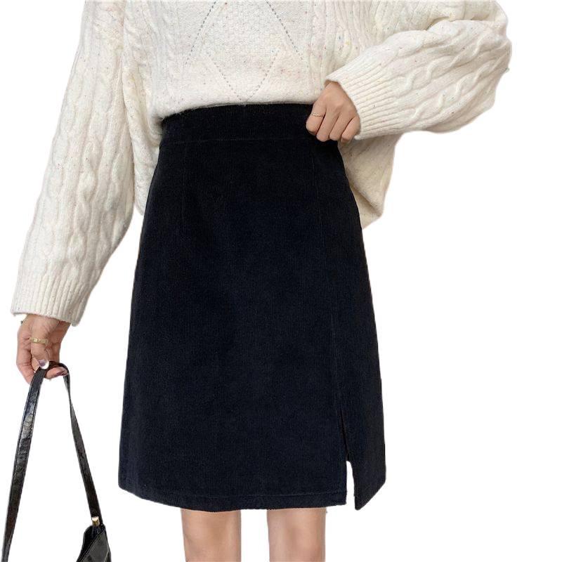 Plus Size A-line Corduroy Midi Skirt - High Waist, Black, Versatile, Hip-Hugging Pencil Skirt for Women