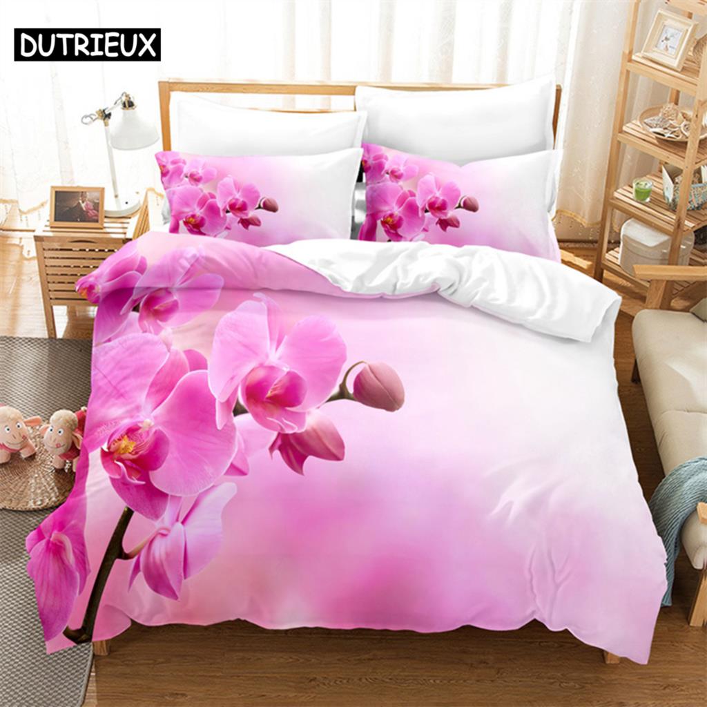Pink Phalaenopsis Queen Bedding Set Girls Duvet Cover Bedroom Bed Set Comforter Cover Set King Size Duvet Cover Set Bedding Sets