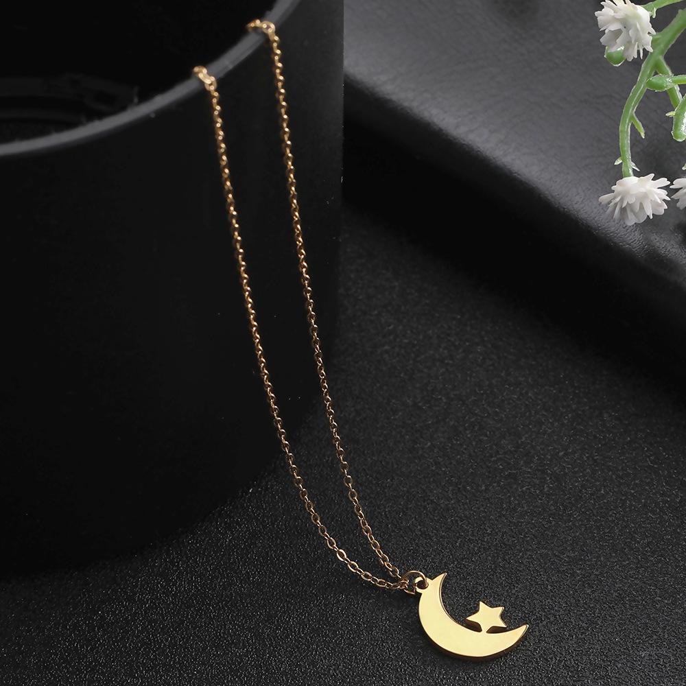 Stainless Steel Crescent Moon Star Pendant Necklace Ladies Birthday Party Jewelry Gift Cute Fashion Accessory