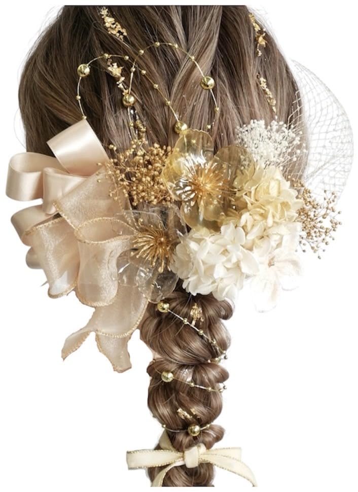 

[Lomeri] Romeri Pearl Shower Ribbon Anemone Hair Ornament Dried Flower White Coming-of-Age Ceremony Furisode Wedding Graduation L13 (Gold)