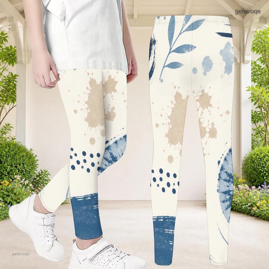 Girls Full Length Fitted Stretch Waist Printed Blue White Yoga Leggings