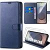 Protective Case - BOOLING - Samsung Galaxy S25 Ultra - Navy Blue Leather Effect - 2 Tempered Glass - Shockproof