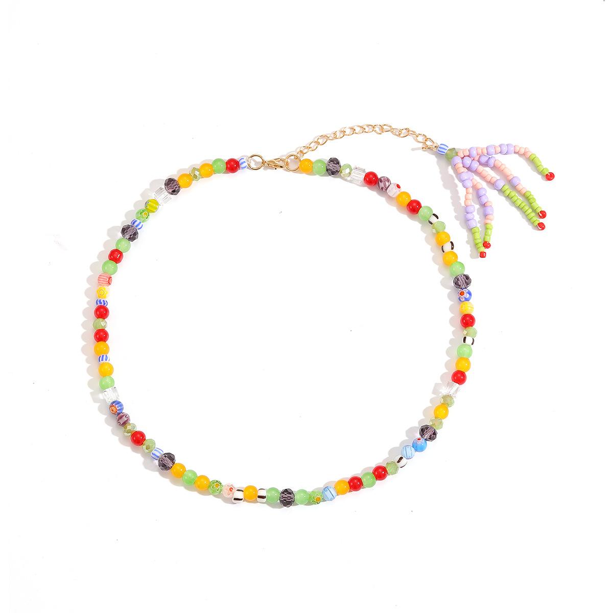 Bohemian Rainbow Millefiori Glass Beaded Choker Necklace Women Colorful Tassel Bead Adjustable Necklaces