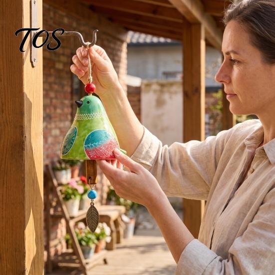 Outdoor Courtyard Accessories Bird Wind Chime with Bell, Hand-Painted Resin Hanging Decoration Bell Decor for Garden Patio Porch, Yard Art Window
