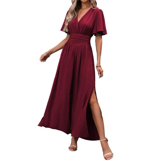 Women's Summer V Neck Maxi Dress, Short Sleeve Flowy A-line Slit Long Dress, Formal Wedding Guest Evening Dress