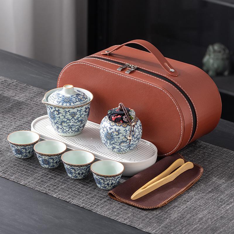 Dingyao blue and white travel tea set, one pot and three cups, outdoor portable set, light luxury business company commemorative gift