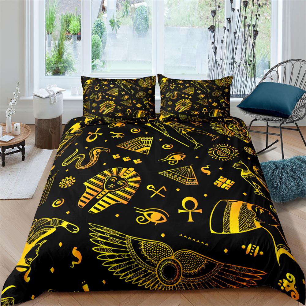 Egiptul Antic King Queen Husă de pilota Set de lenjerie de pat cu simbol egiptean Faraon Piramida Boho Husă de cuvertură Husă de pilota din poliester moale