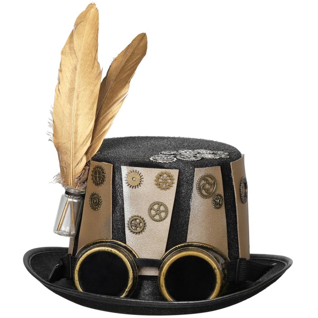 Unisex Steampunk Top Hat with Brim and Goggles Vintage Style Headwear for Costume Party Holiday Decorations Gift