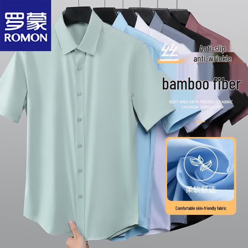 ROMON Men's Short Sleeve Bamboo Fiber Ice Silk Casual Business Shirt