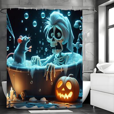 Halloween Skeleton In Bathtub Mouse Scare Shower Curtain, Bathroom Decorative Shower Curtain, Waterproof Shower Curtain with Hoo