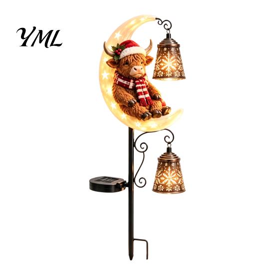 Solar Powered Porch Lighting Highland Cow Moon Garden Light, Christmas Metal Decorative Crescent Lawn Lamps Stake Outdoor Yard Path Decoration