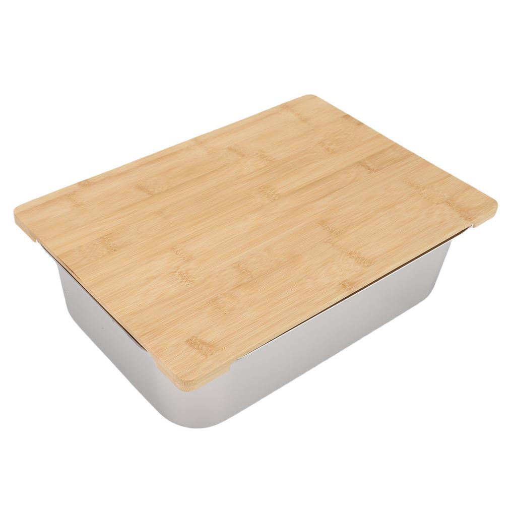 Stainless Steel Dish Basin Tub with Wooden Cover Lid Multifunction Sink Fruit Vegetable Washing