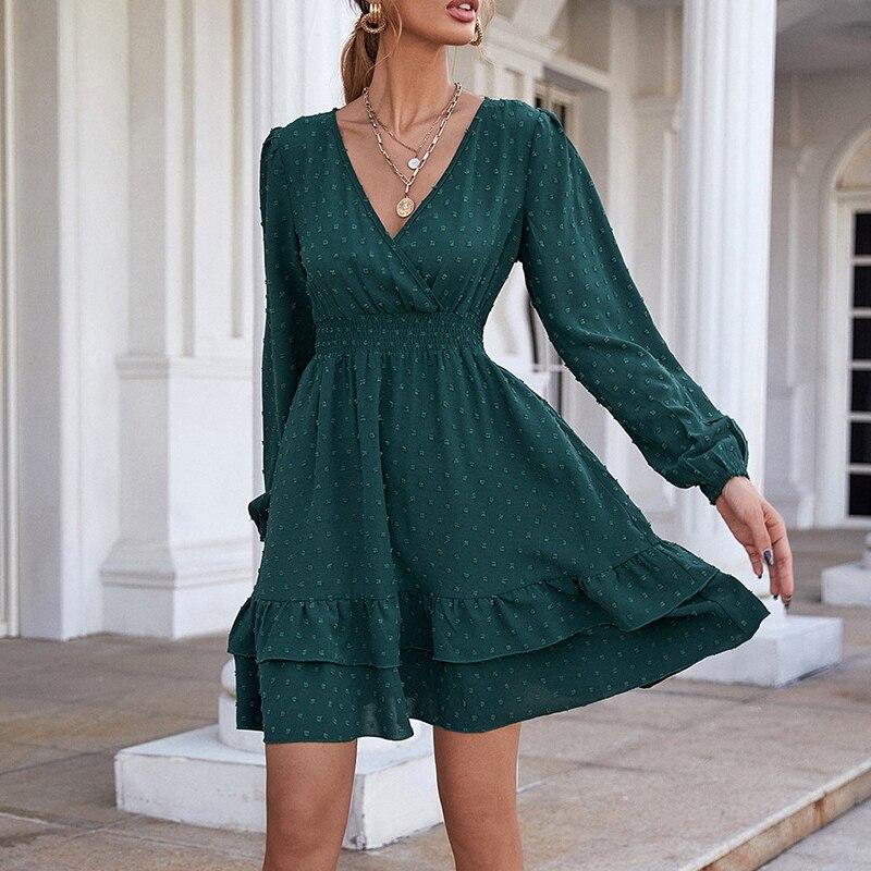 Hohe Taille A-linie Weißes Kleid Frauen Sommer Laterne Hülse V-ausschnitt Frau Kleid Lässige Mode Dot Solide Rüschen Kleider Robe 24888