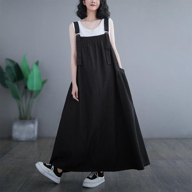 Spring, Summer, Autumn and Winter Craft Denim Fried Color Color Retro Loose and Skinny Denim Strap Skirt Long Pendulum