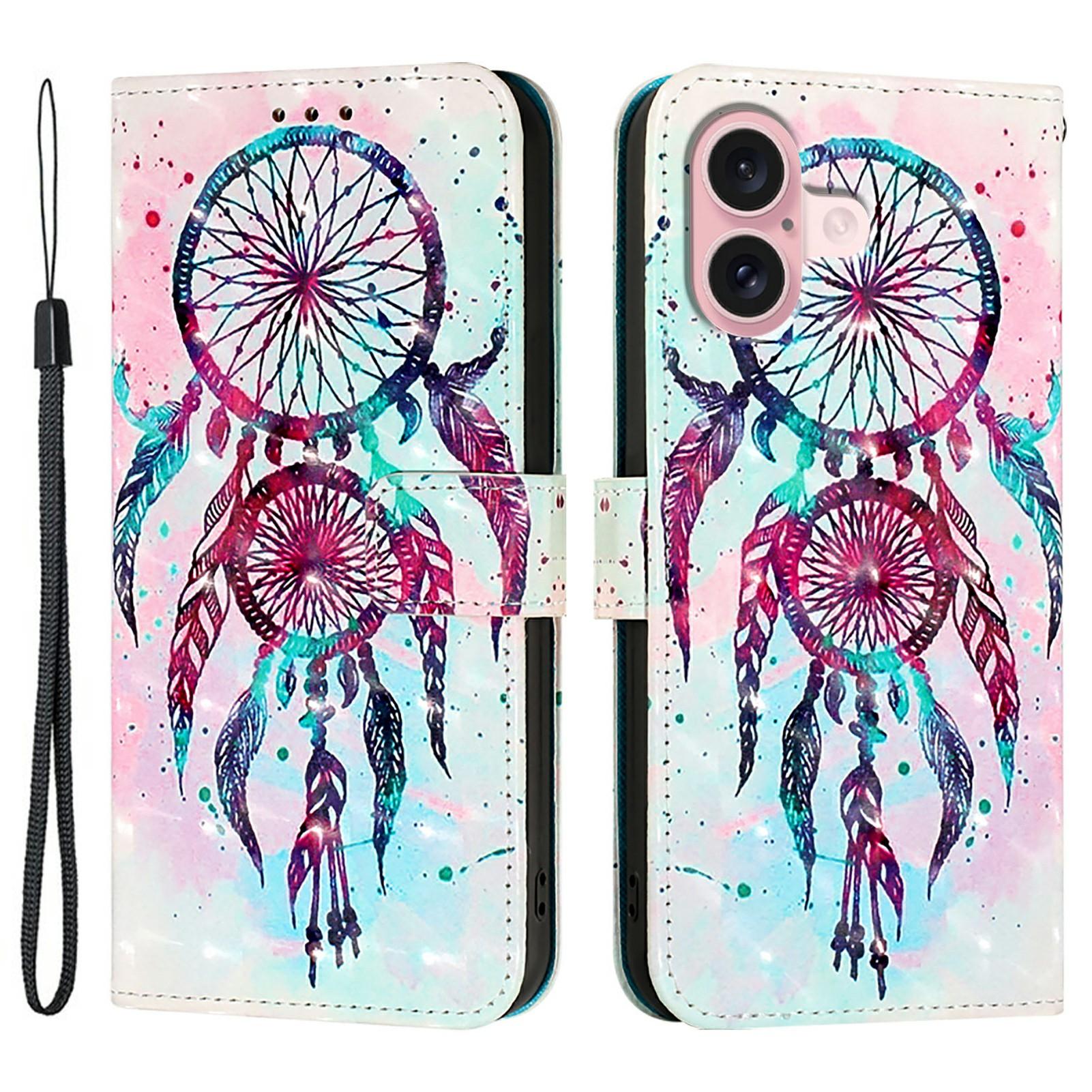 

For iPhone 16 Leather Case Pattern Printing Wallet Stand Mobile Cover with Strap Colorful Wind Chime