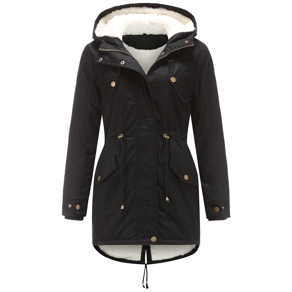 European Size Autumn and Winter New Women's Cotton Coat Women's Solid Color Hooded Parka Coat Thick Cotton Coat Fleece-lined Cotton Coat