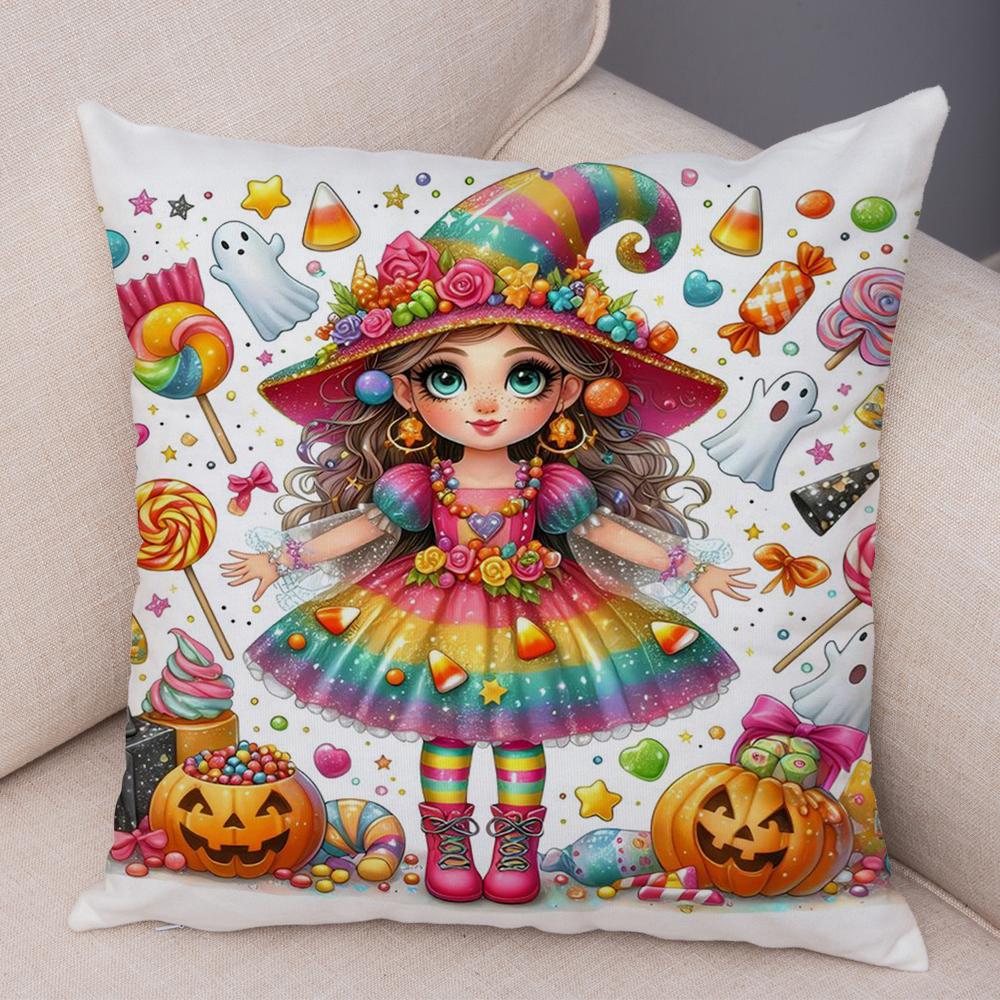 Halloween Candy Girl Cushion Cover Decor Cute Cartoon Child Pillowcase for Children Room Home Sofa Soft Plush Pillow Case