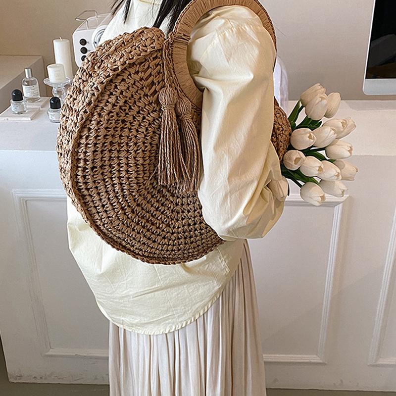 Handwoven Beach Bag Chic Top Handle Bag Retro Holiday Travel Handbag Vacation Bag