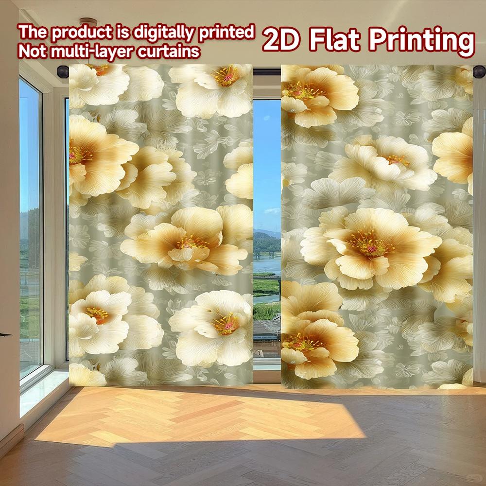 

2D FLAT PRINTING 2pcs Curtains (Without Rod) Floral Peonies on Gray New year holiday curtains Machine Washable Fabric Curtains 100*130 Grommet Top 1pcs