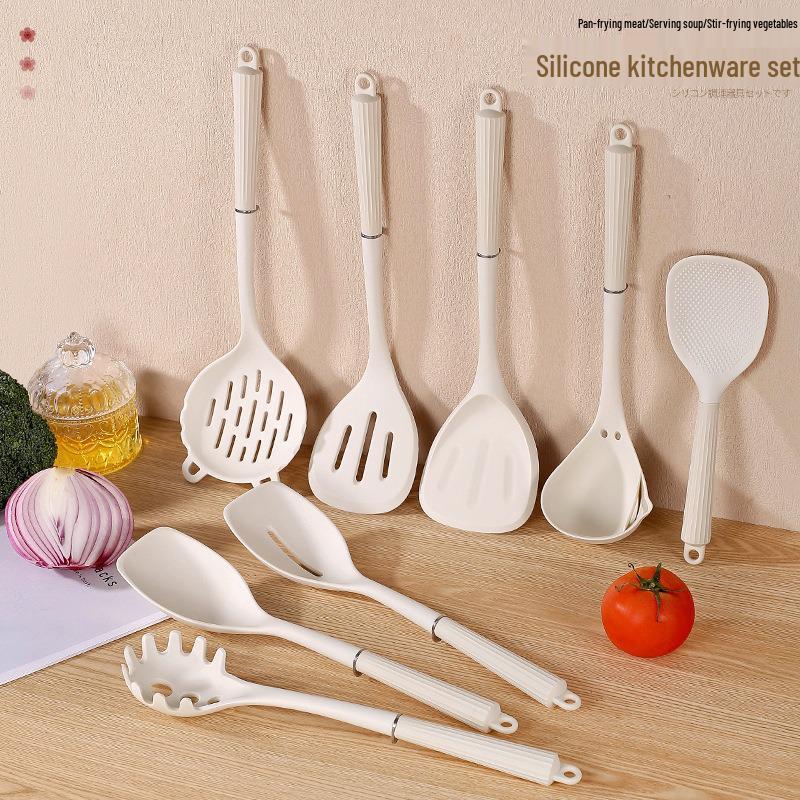 

8-Piece Silicone Handle Kitchen Utensil Set: Non-Stick Pan Spatula, Cooking Spoon, Rice Spoon, Soup Ladle. Rice Spoon - Translucent White