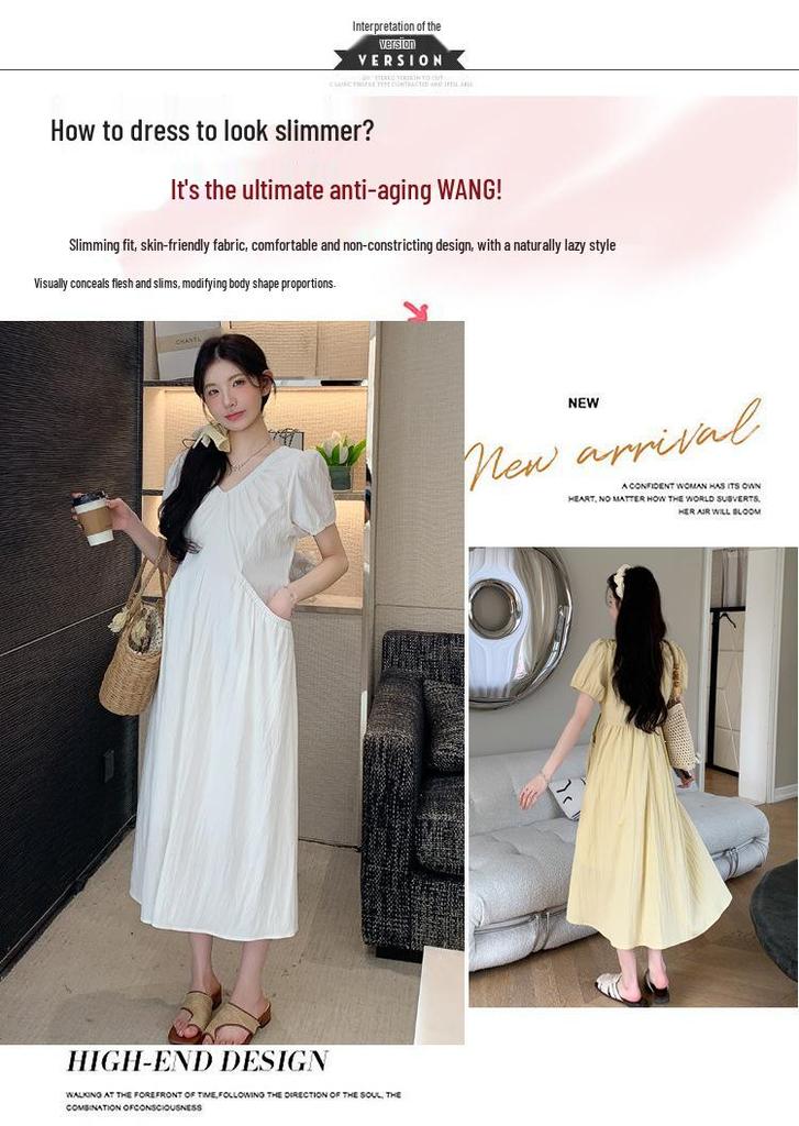 2026 Summer V-Neck Maternity Dress with Puff Sleeves - Slimming Design