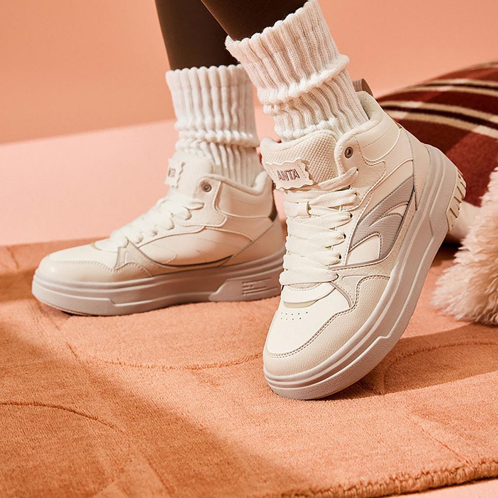 New Anta Sponge Cake Warm Wear-Resistant Lightweight High-Top Skateboard Shoes Women's White Gray 922448907-1