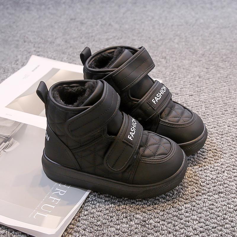 Kids Warm Fleece Lined High Top Sneakers Hook Loop Quilted Pattern Thick Sole Non Slip Winter Casual Shoes 26 чёрный