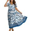 Women's Casual Loose Fit Bohemian Style Gradient Print Short Sleeve V Neck Maxi Dress with Flowing Skirt for Everyday Wear
