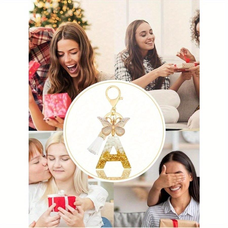 Cute Initial Letter Keyrings White Keychen, Capital Alphabet Gold Foil Resin Keychain Charm with Butterfly Tassel Pendant, Thanksgiving
