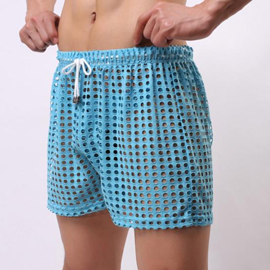 Erotic Men Solid Color Mesh See Through Hollow out Drawstring Shorts Beach Pants