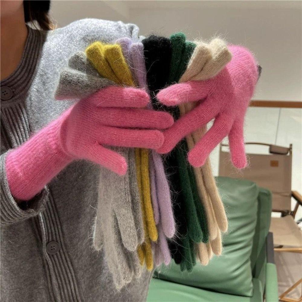 Striped Thermal Knitted Gloves Rabbit Fur Split Finger Long Gloves Women's Fashion Knitted Gloves