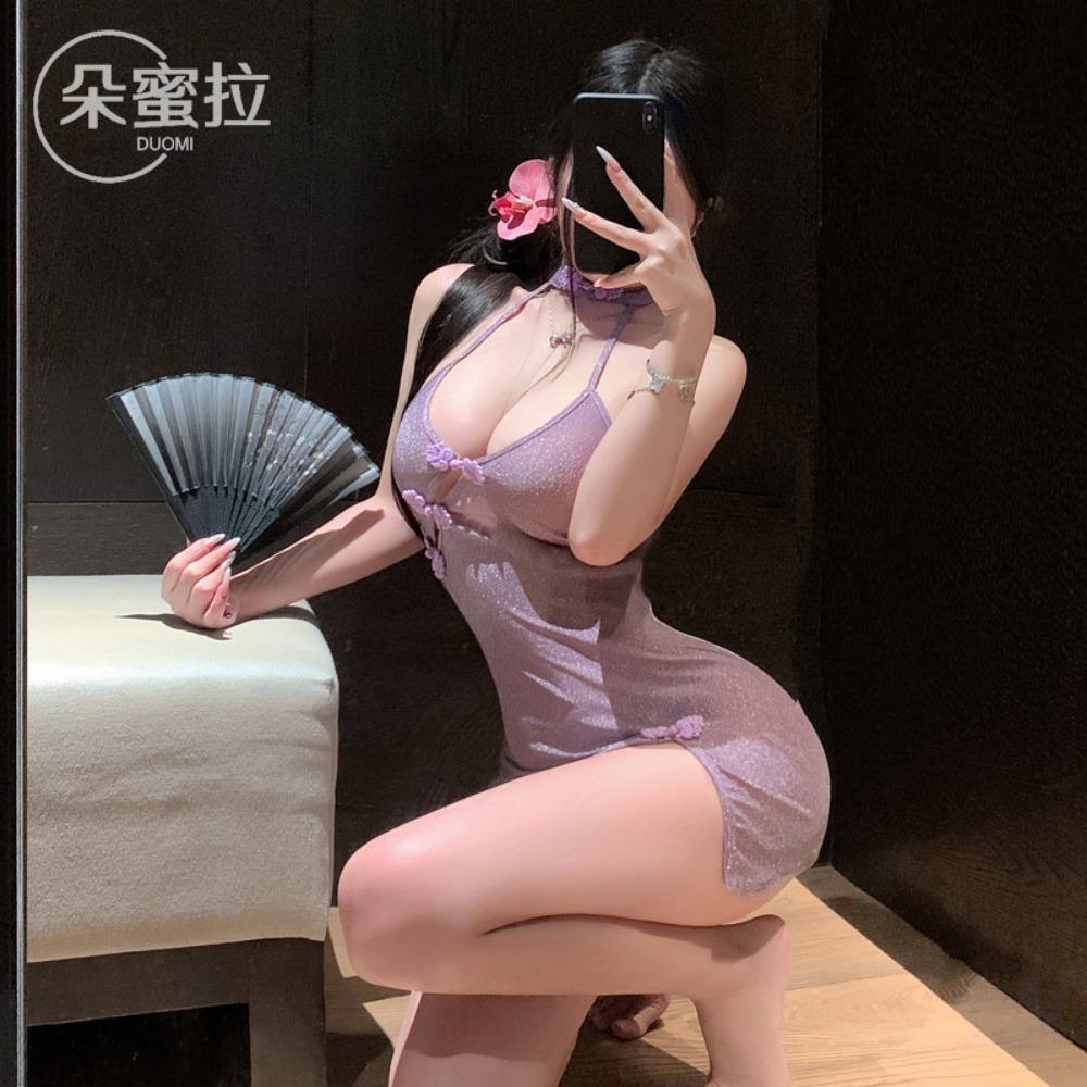Domila's New Luxury Lady Deep V Open Chest Diagonal Cheongsam Sex Underwear Sexy Pure Desire Perspective Temptation
