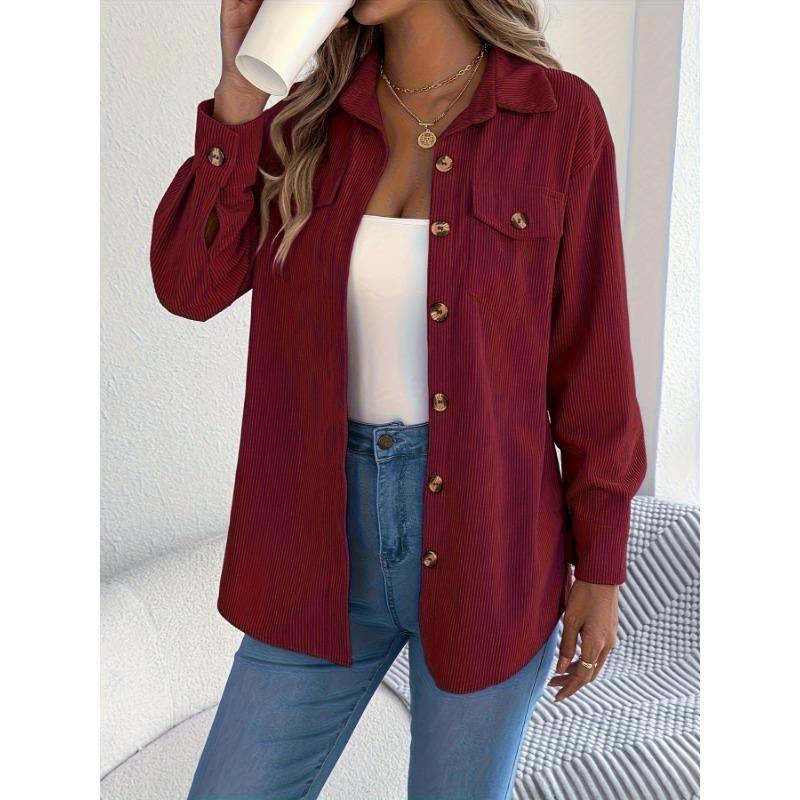 Women's Elegant Non-Stretchy Corduroy blouse - Formal Everyday Chic Shirt in, Button-Front Placket, All-Season Women's Clothing, Casual Outfits