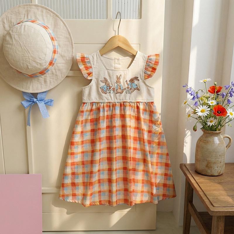 Girls Summer Plaid Dress Cute Embroidered Flutter Sleeve Baby Girl Casual Outdoor Dress For Kids