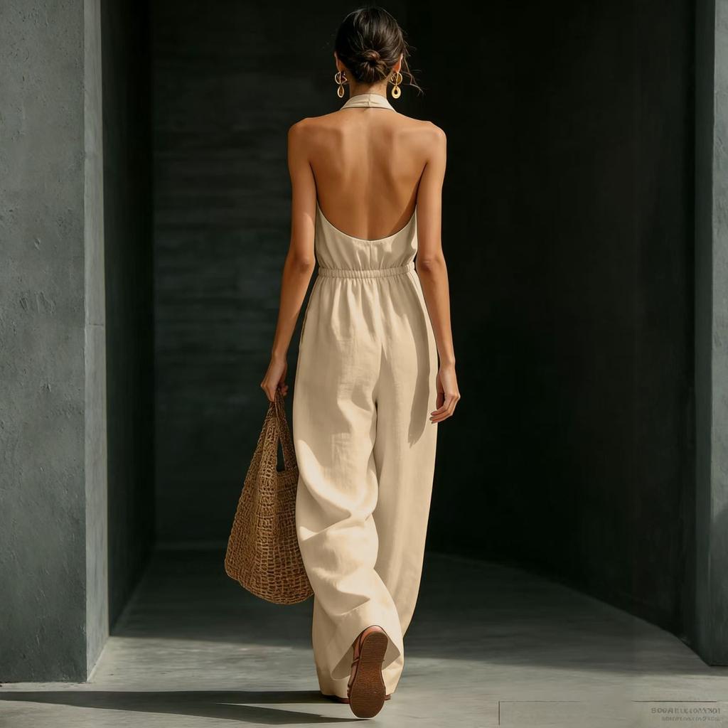 Women's V-neck Wide-leg Sleeveless Belted Long Jumpsuit