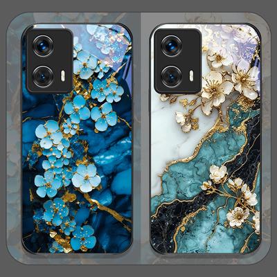 Esztétikus Virágos Márvány Textúra Művészeti Edzett Üveg Telefon Tok Motorola Moto G85 G84 G75 Edge 50 Fusion 40 Neo 30 Pro Készülékekhez