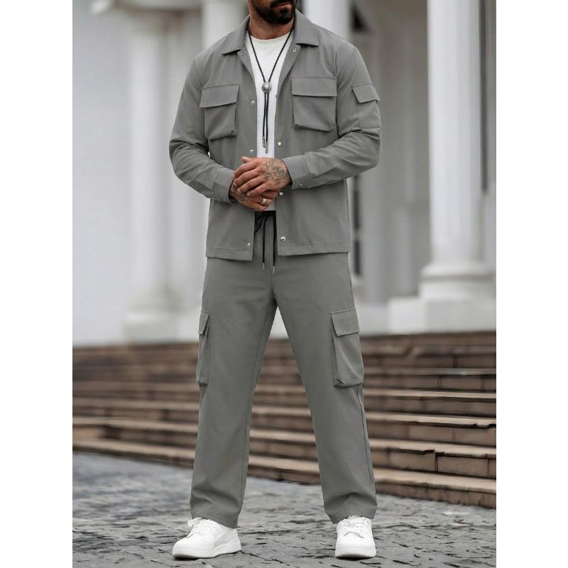 Men Casual Workwear Multi Pockets Long Sleeve Jacket And Long Pants Set