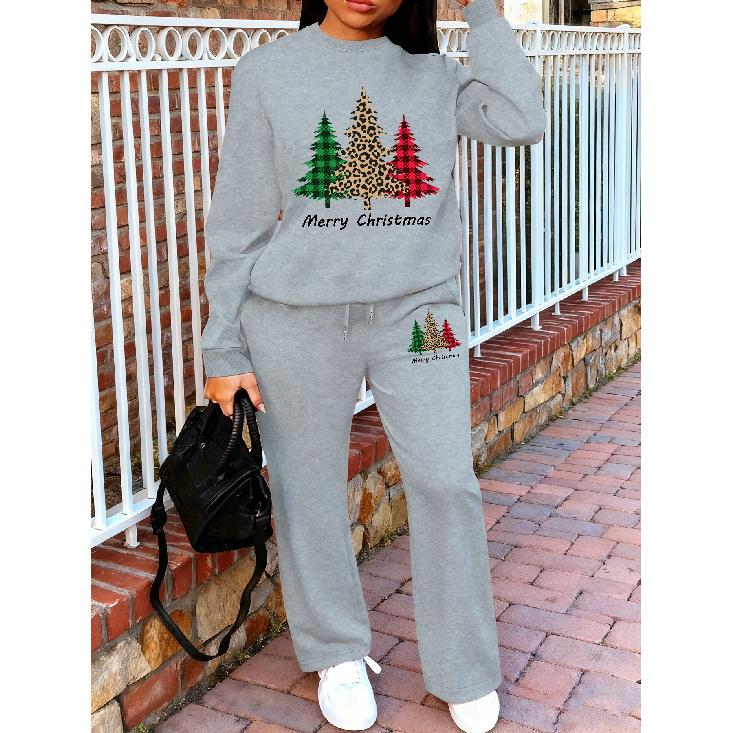 Women's Crewneck Sweatshirt & Drawstring Straight-Leg Pants 2-Piece Set, Printed Women's Outfit, Fall/Winter Sweatshirt Suit