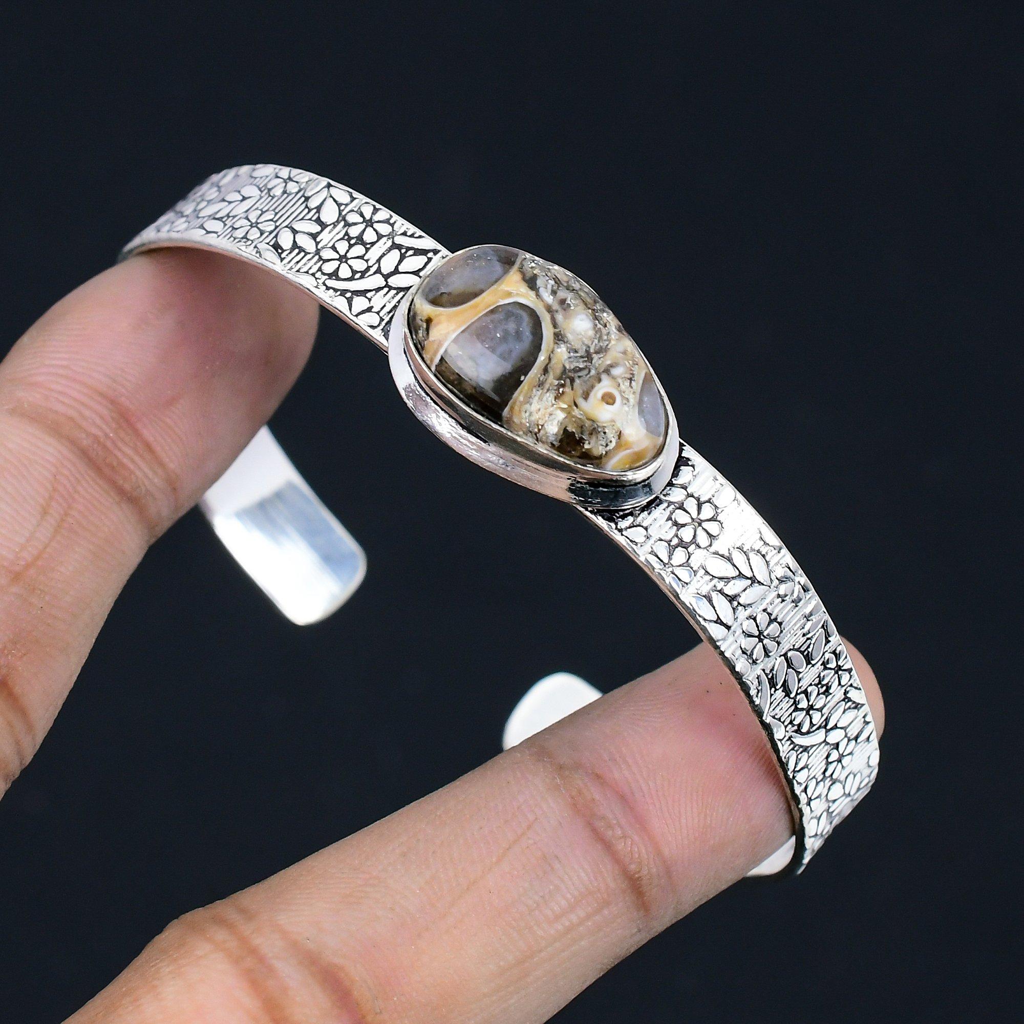 

Womens day Sale Turritella Agate Gemstone 925 Silver Unique Daughter Boho Bangle Adjustable