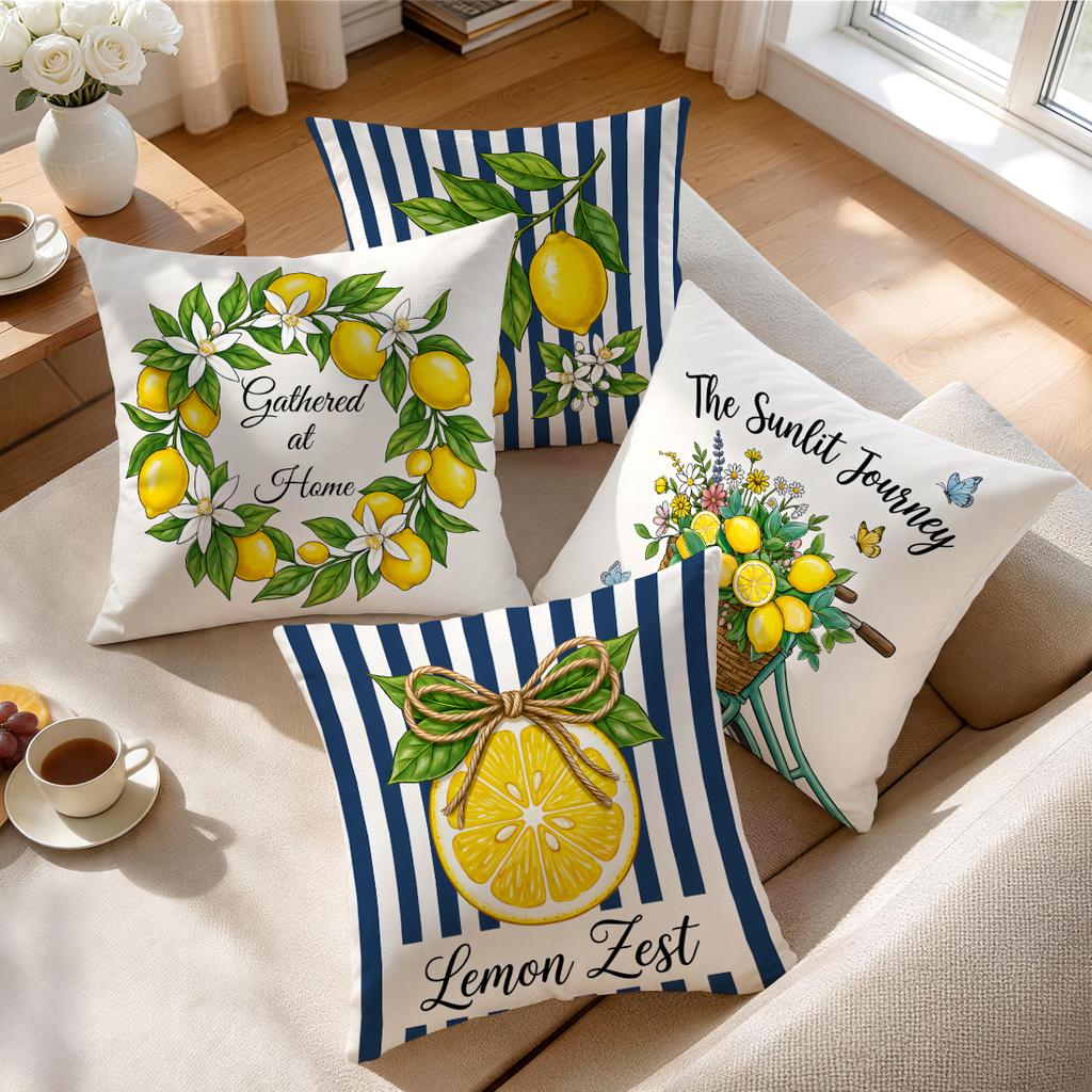 4pcs Navy Lemon Stripe Pattern Cushions Pillowcase Polyester Cushion Cover Throw Pillow Pillowcover Home Car Sofa Decor