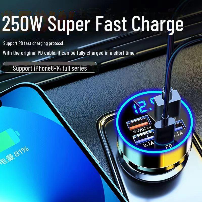 Populaire autolader van aluminiumlegering met snelladen, digitaal display en Flash Charging, compatibel met Android en Apple.