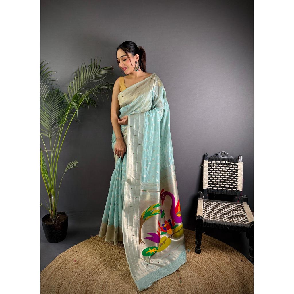 Paithani Sari Schweres Gewebe Mina Butti mit Weberei Jari und attraktiver Farbkombination Pallu.| GESAMTE Farboptionen : 12