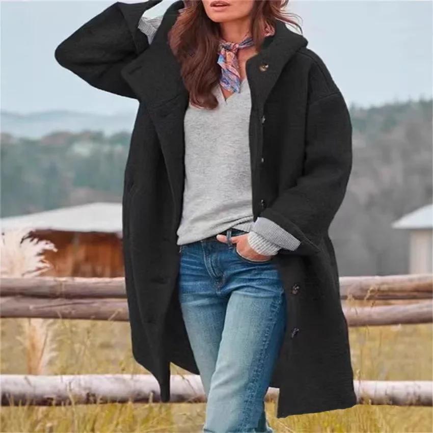 

Осень Зима Женское Теплое Ветрозащитное Пальто с Капюшоном Средней Длины Повседневное Свободное Толстое Однотонное Ветровка 3XL чёрный