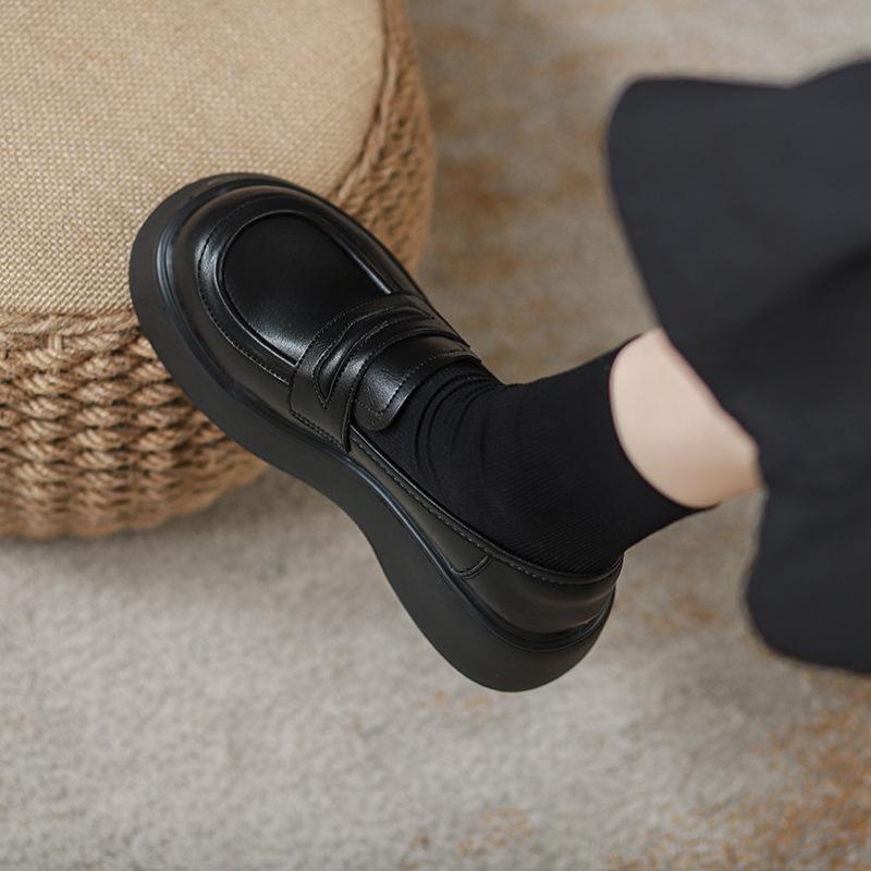 Qiao Feifei~ Platform Loafers Women's 2023 Muffin Shoes Versatile Black British Style Small Leather Shoes One Pedal Single Shoes