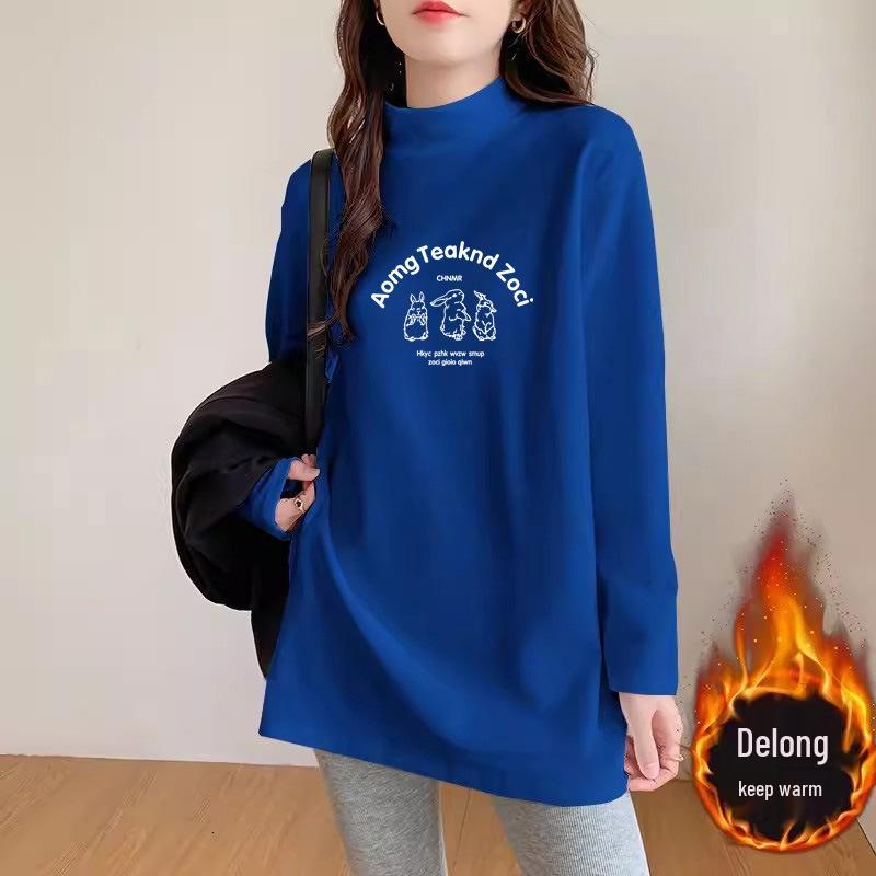 Plus Size Women's German Velvet Long Sleeve T-shirt: Loose Mid-Length Base Shirt for Early Spring, Autumn, and Winter.