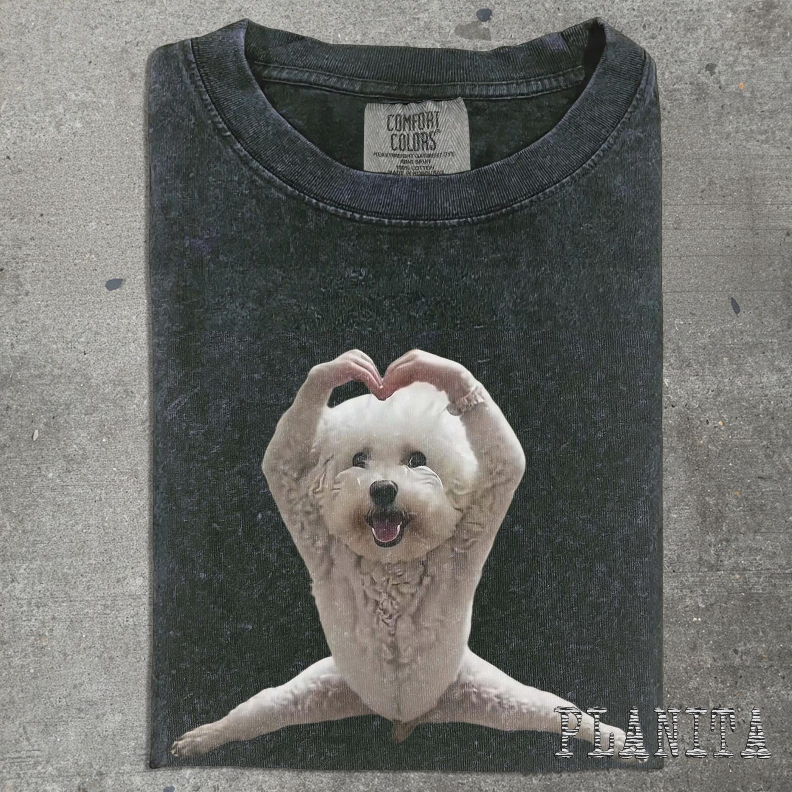 Fluffy Bichon Heart Pose T-shirt | Cute Dog Photo Tee M