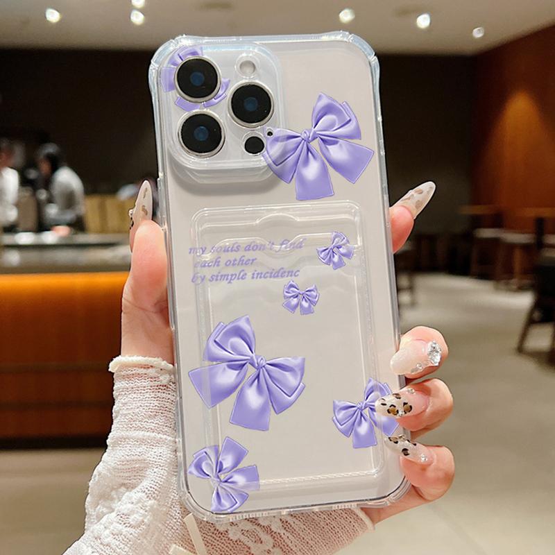 

Чехол для телефона с однотонным бантом и прозрачным слотом для карт для iPhone 16, 15 Pro, 14 Pro Max, 13, 12, 11, ударопрочный, тонкий, мягкий, силиконовый чехол-бампер iPhone 14 Pro фиолетовый/чистый