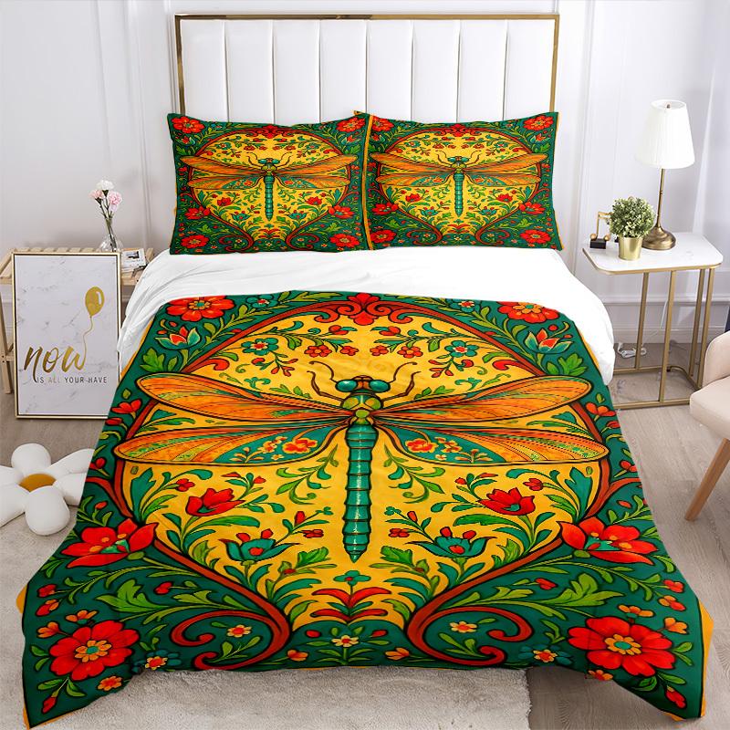 3PCs Dragonfly, Floral Pattern Design Cover Set, Breathable Fabric, Machine Washable (1 Duvet Cover + 2 Pillowcases) (Without Quilt) yy250911177